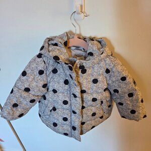 Baby Gap Hooded Puffer Jacket - Size 12-18M - Grey Marl Polka Dot